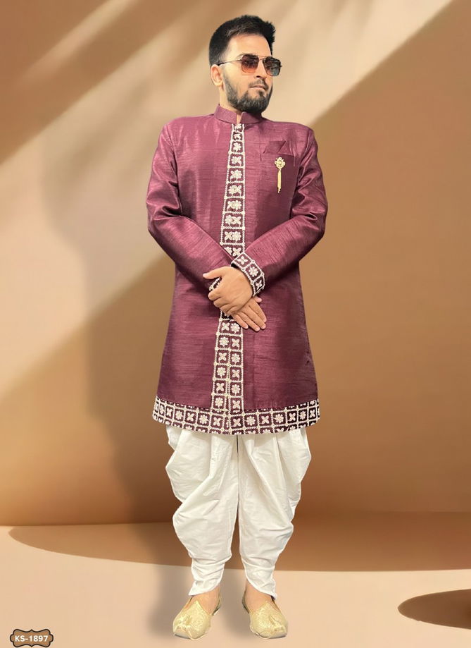 Onion Pink Colour Mens Wedding Wear Indo Western Catalog 1897