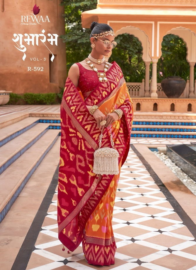 Orange And Red Colour Shubharambh Vol 3 By Rewaa Printed Saree Catalog 592