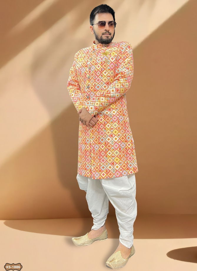 Orange And Yellow Colour Mens Wedding Wear Indo Western Catalog 1886