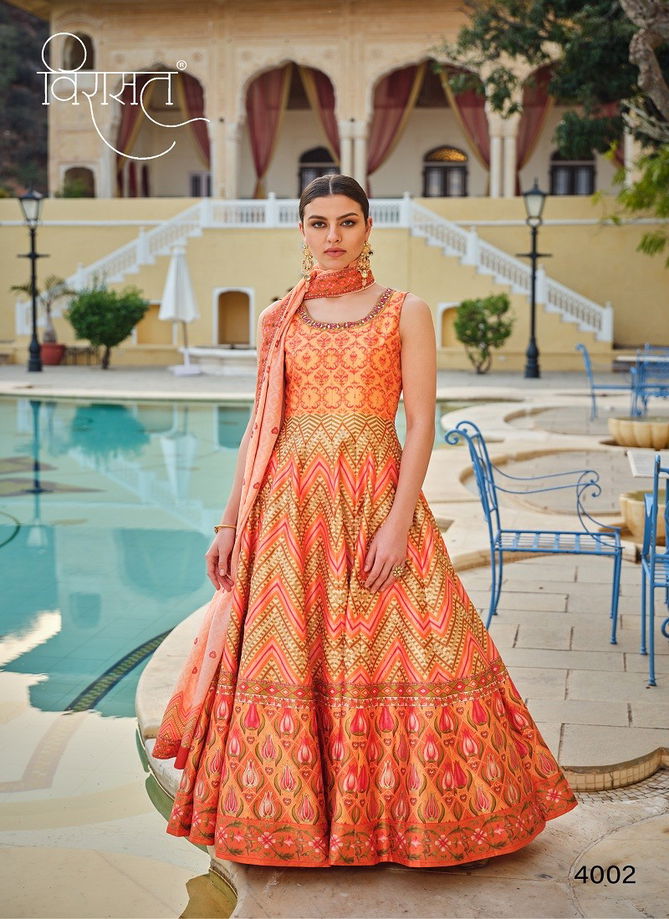 Peshwani By Virasat Cherry Silk Printed Wedding Wear Gown With Dupatta Suppliers In India