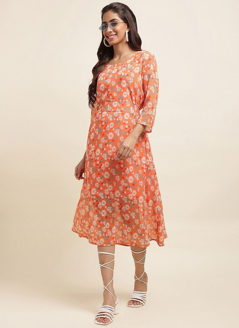 Raisin American Crepe Party Wear Western Midi Dress Catalog