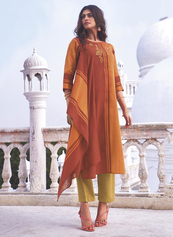 Orange Designer Shringar Omtex Linen Cotton Heavy party wear Rich Look Embroidery Work Kurtis with Pant J74