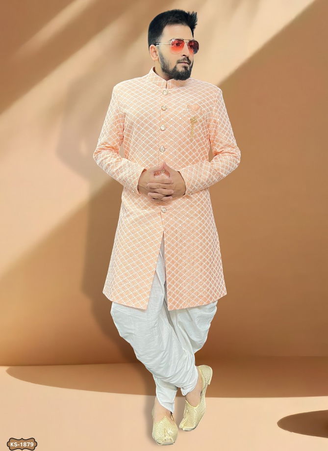 Peach Colour Mens Wedding Wear Indo Western Catalog 1879