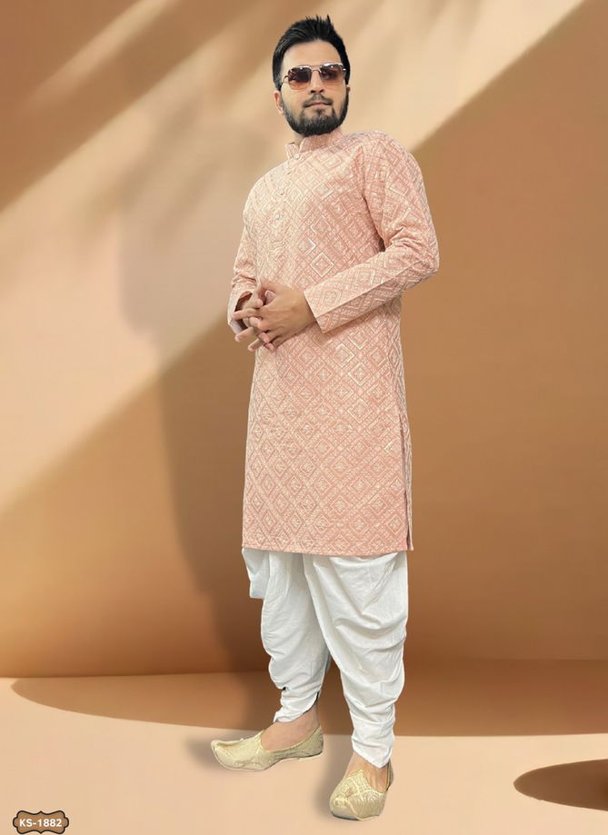 Peach Colour Occasion Wear Mens Kurta Pajama Catalog 1882