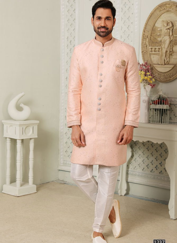 Peach Colour Wedding Wear Mens Wholesale Indo Western Catalog 1237