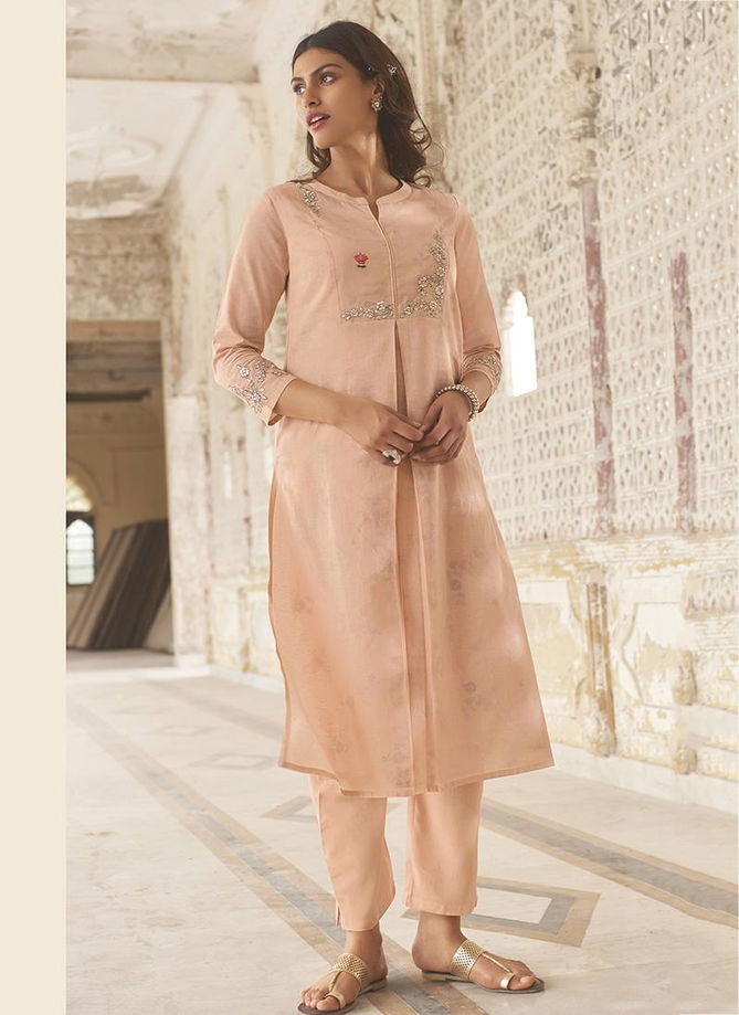 Peach Saanjh Omtex Linen Cotton Designer Elegant party wear Handwork Kurtis comes with palazzo Collection J54