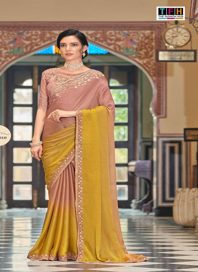 Peach and Yellow Colour Sandalwood 10th Edition By Tfh Magestic Silk Party Wear Saree Catalog SW 1010