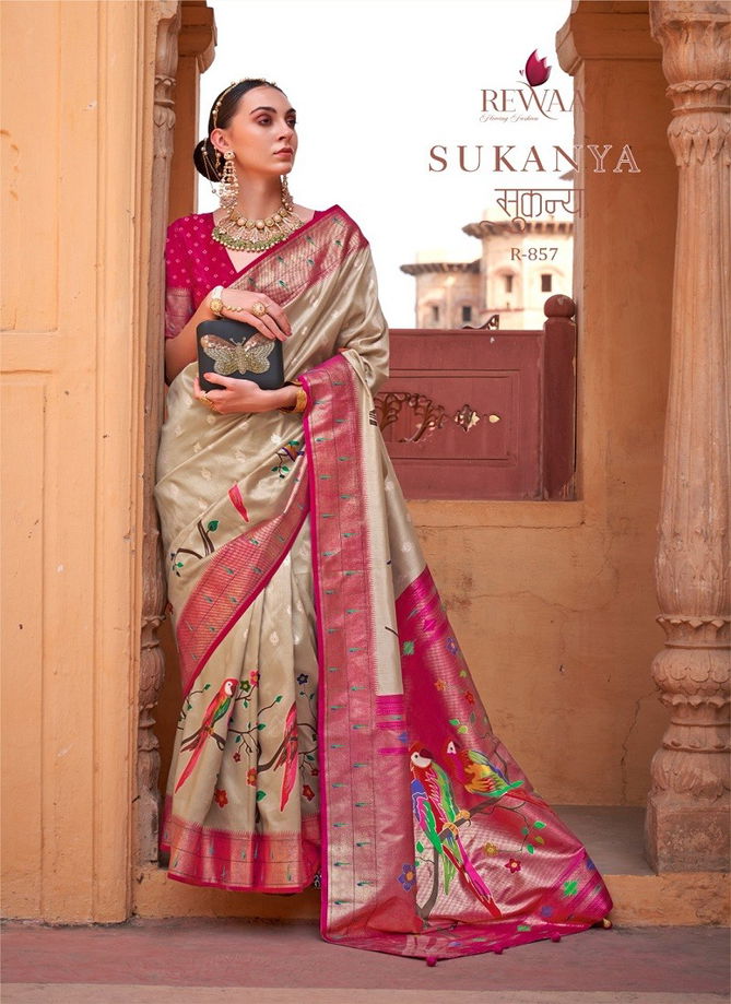 Pink And Beige Colour Sukanya By Rewaa Printed Saree Catalog 857