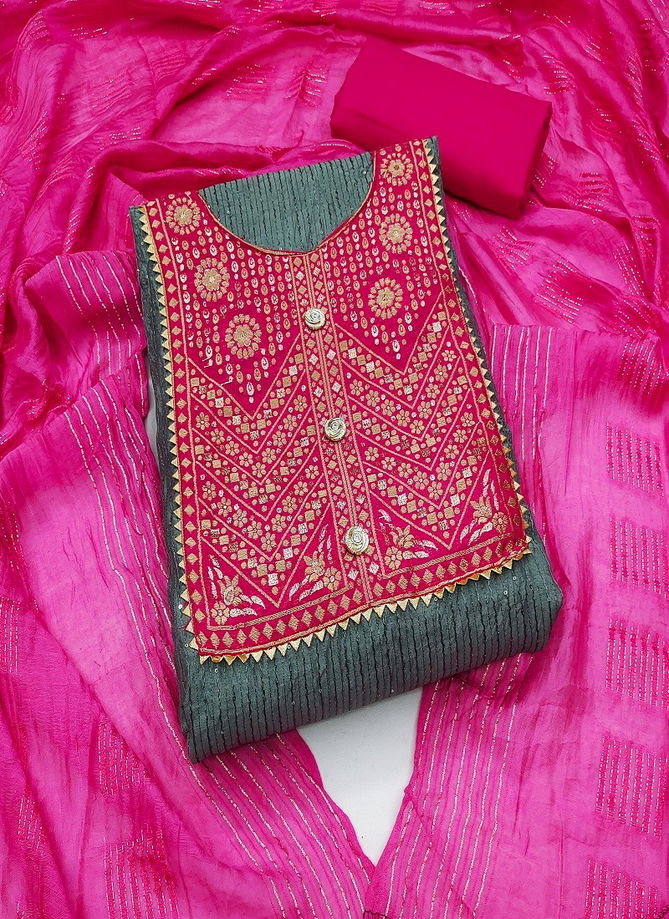 Pink And Green Colour Cross Head Banarasi Gala Cotton Dress Material Catalog 3