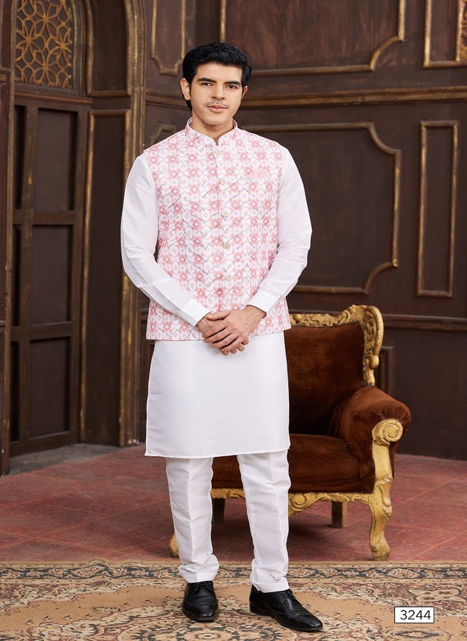 1643 Party Wear Art Banarasi Silk Mens Modi Jacket Kurta Pajama Wholesale Online