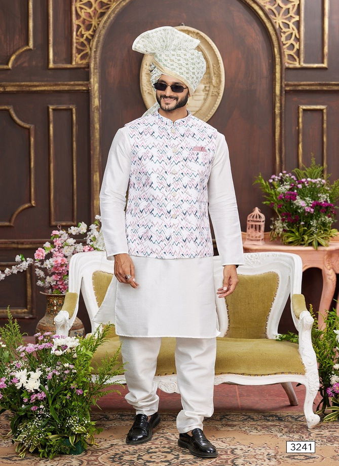 1643 Party Wear Art Banarasi Silk Mens Modi Jacket Kurta Pajama Wholesale Online