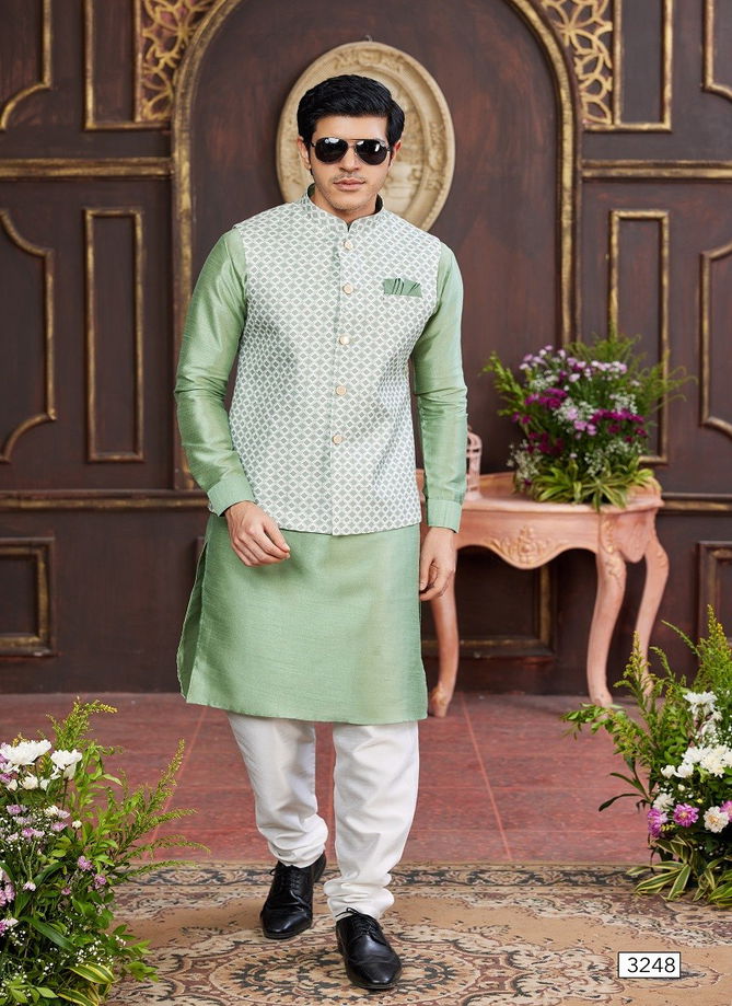 1643 Party Wear Art Banarasi Silk Mens Modi Jacket Kurta Pajama Wholesale Online