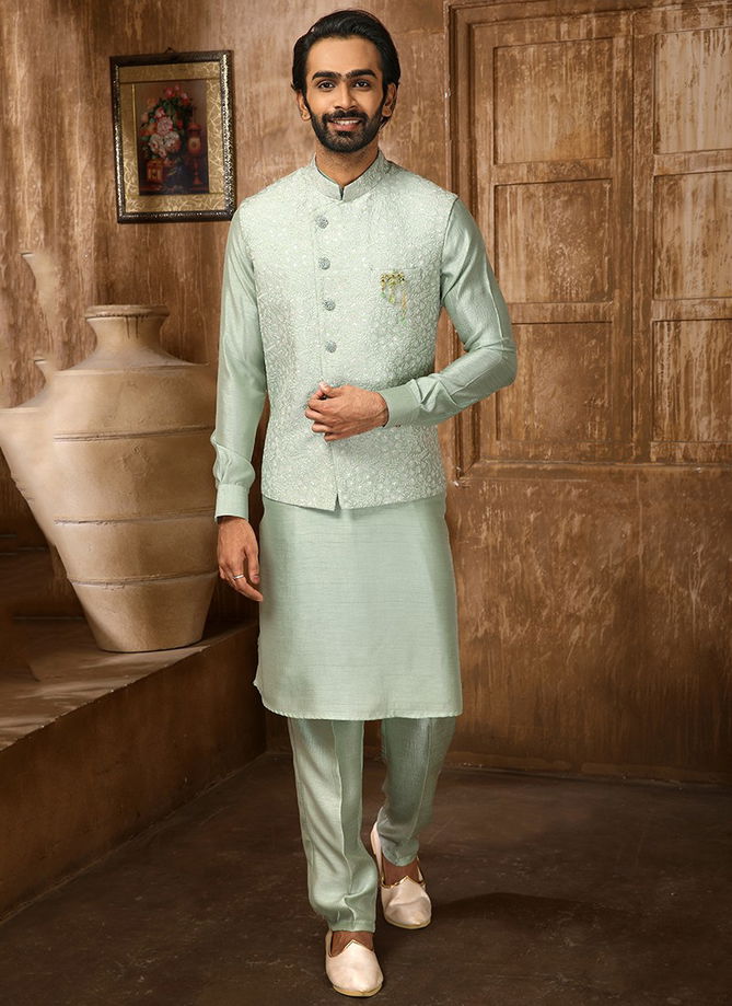 Pista Green Function Wear Wholesale Kurta Pajama With Jacket Collection 1379