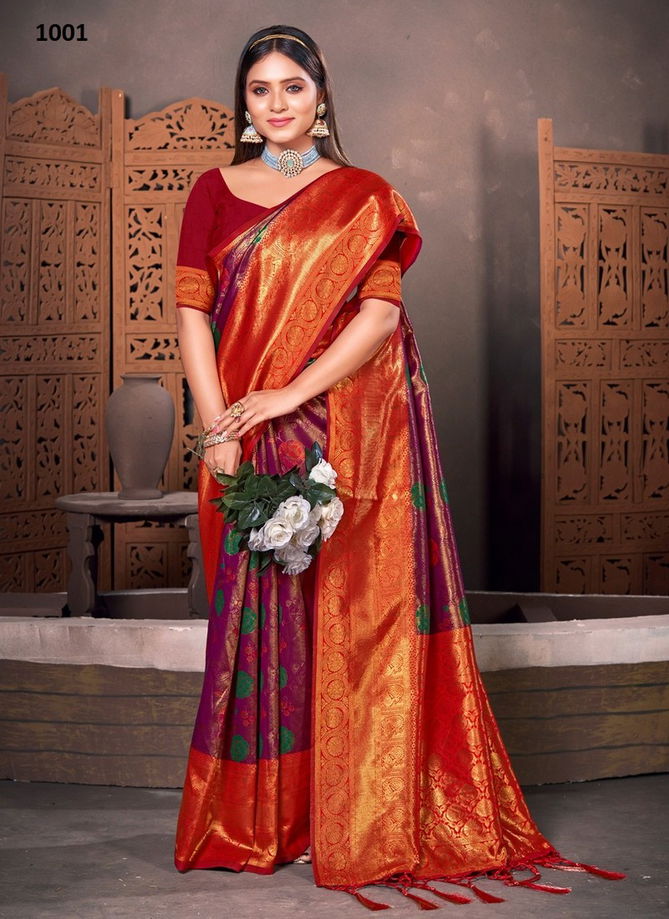 Purple And Red Colour Rajhans By Sangam Silk Saree Catalog 1001