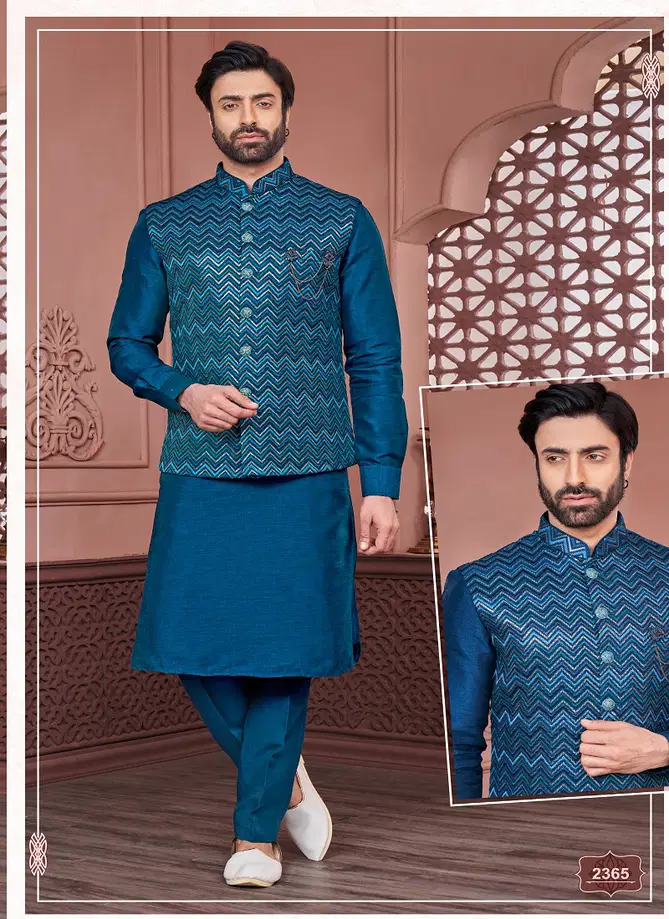 Designer Party Wear Art Banarasi Silk Mens Modi Jacket Kurta Pajama Wholesale Online