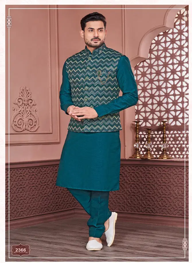 Designer Party Wear Art Banarasi Silk Mens Modi Jacket Kurta Pajama Wholesale Online