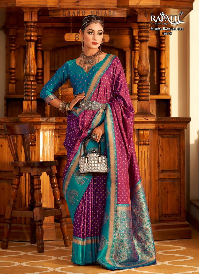 Purple And Blue Colour Vrishabha Silk By Rajtex Printed Sarees Catalog 145005