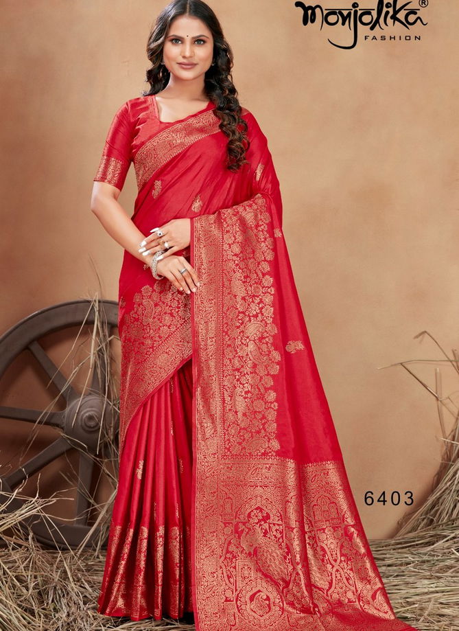 Red Colour Mahadevi By Monjolika Banarasi Silk Saree Catalog 6403