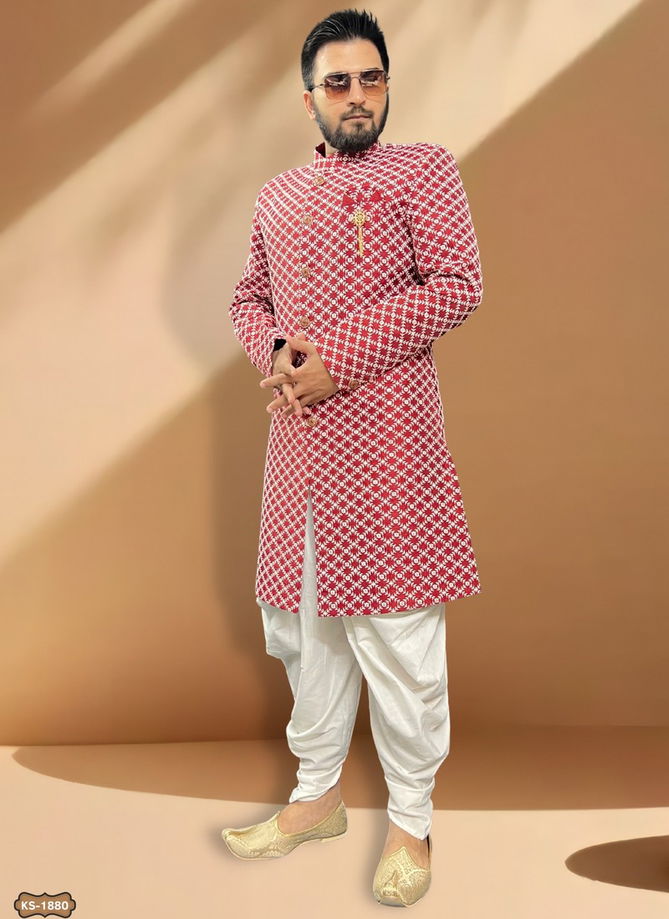 Red Colour Mens Wedding Wear Indo Western Catalog 1880