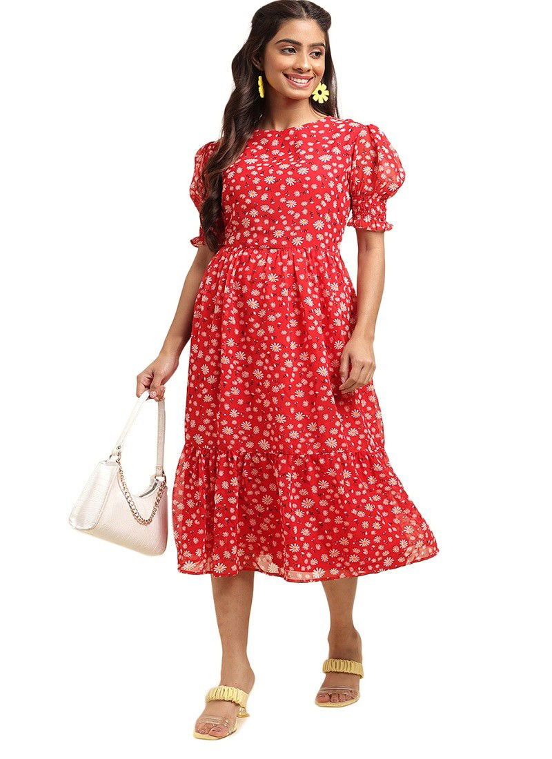 Raisin American Crepe Party Wear Western Midi Dress Catalog