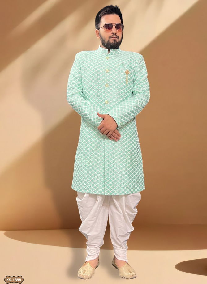 Sea Green Colour Mens Wedding Wear Indo Western Catalog 1898