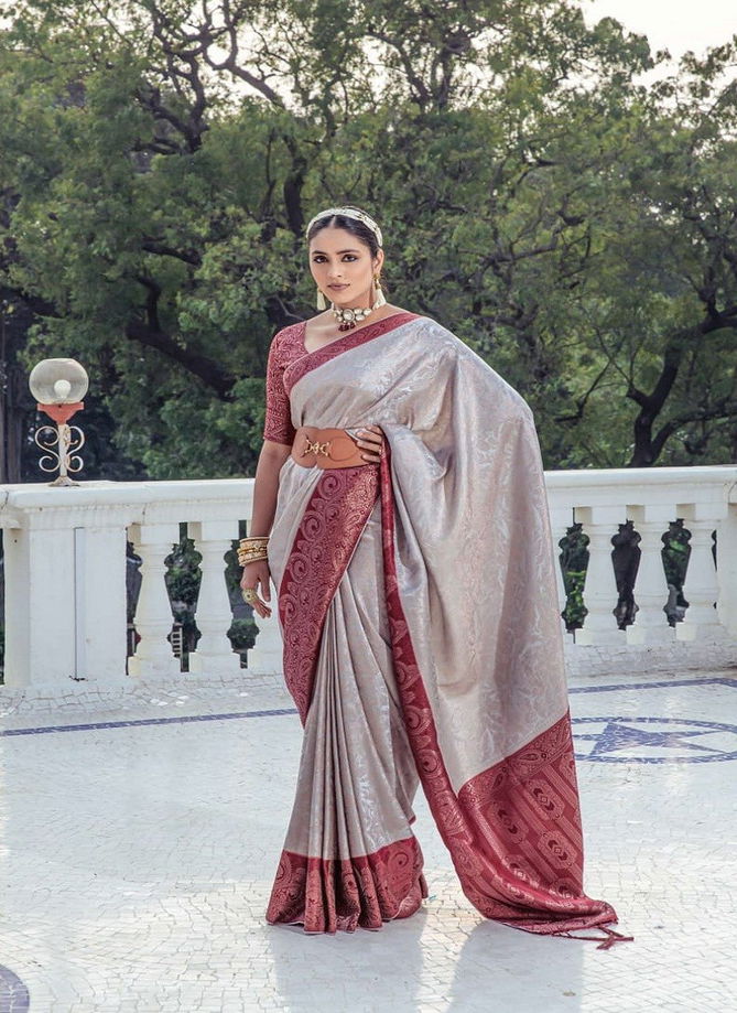 Silver Colour Kasha By Kira Satin Designer Saree Catalog 3006