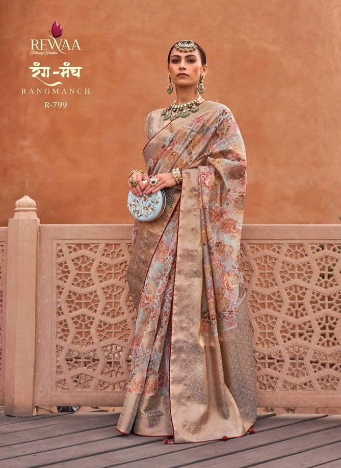 Sky And Golden Colour Rangmach By Rewaa Printed Saree Catalog 799