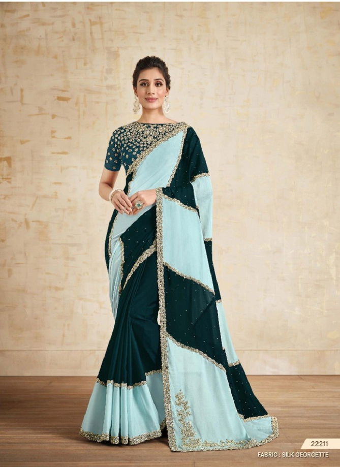 Sky And Green Colour Alyona By Mahotav Party Wear Saree Catalog 22211