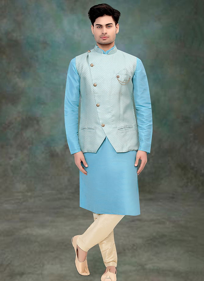 Sky And Peach Padma Creation Function Wear Modi Jacket Kurta Pajama Catalog L5