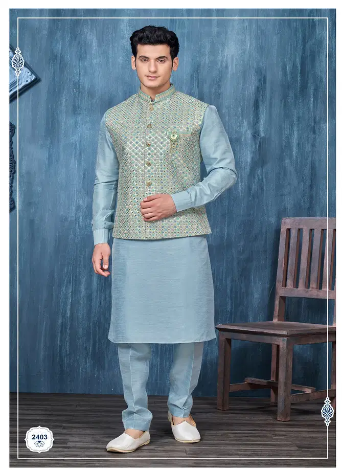 Designer Party Wear Art Embroidered Banarasi Silk Mens Modi Jacket Kurta Pajama Wholesale Online