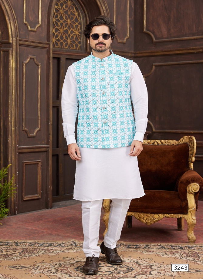 1643 Party Wear Art Banarasi Silk Mens Modi Jacket Kurta Pajama Wholesale Online