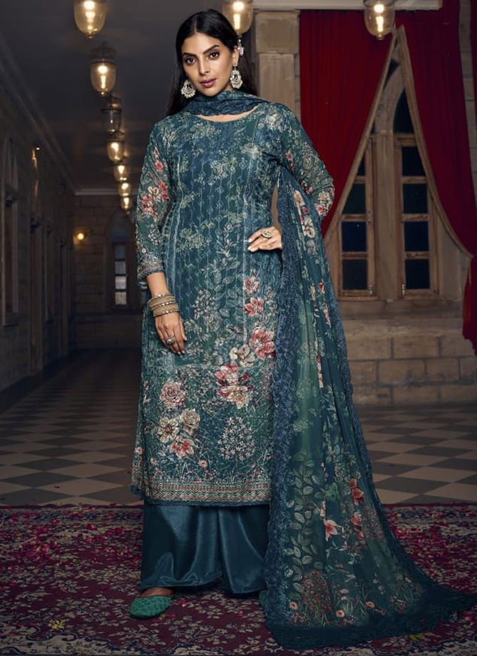 Teal Blue Colour Gulistan Vouch Festive Wear Wholesale Plazzo Suits Catalog 5001