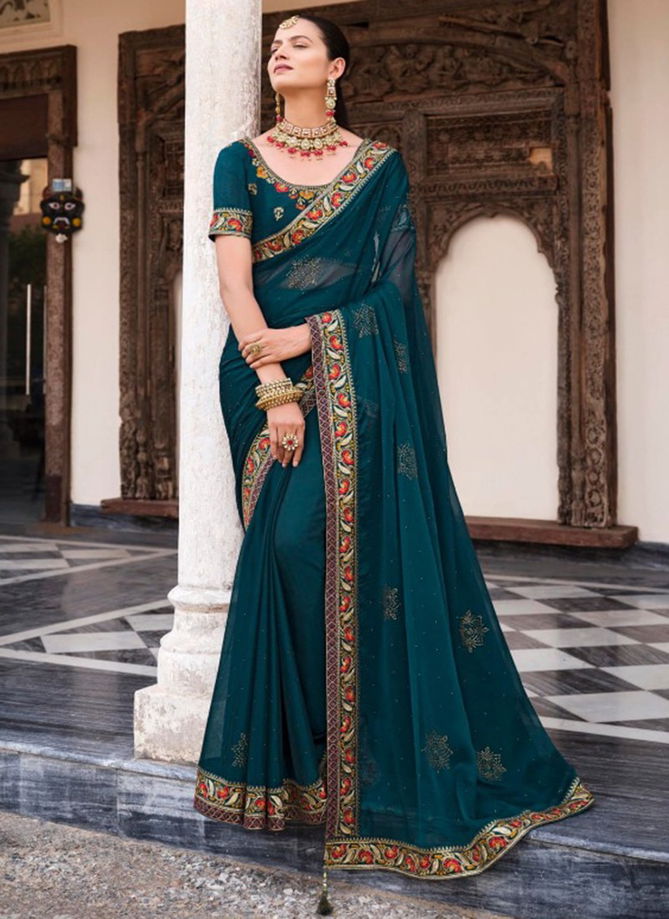 Teal Blue Colour Mahima Exclusive Wear Wholesale Chiffon Sarees 1009