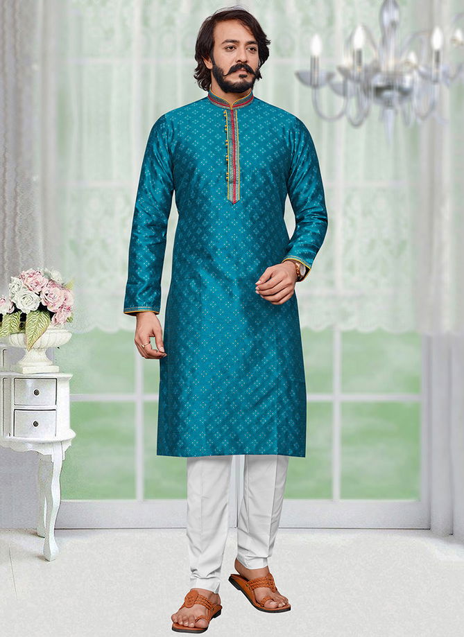 Teal Blue Colour Outluk 117 Wedding Wear Mens Kurta Pajama Catalog 117006