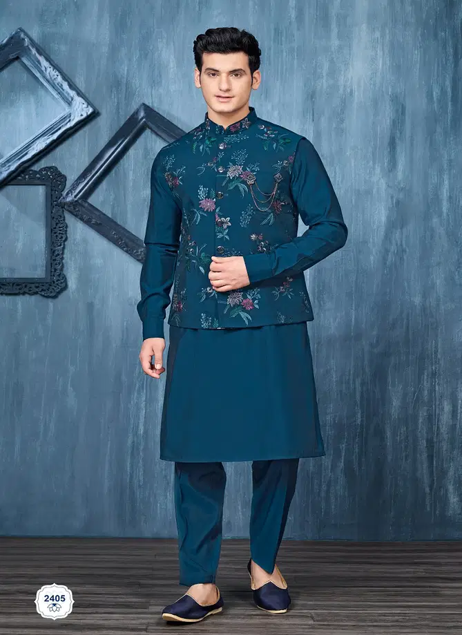 Designer Party Wear Art Embroidered Banarasi Silk Mens Modi Jacket Kurta Pajama Wholesale Online