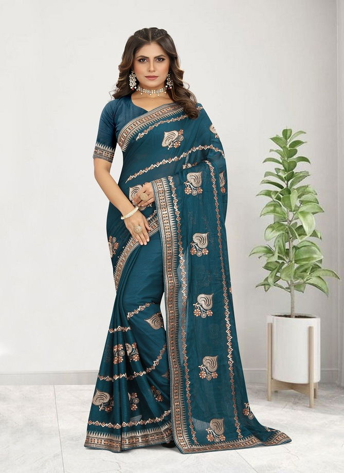 Teal Blue Zamkudi By Nari Fashion Designer Saree Catalog 7171