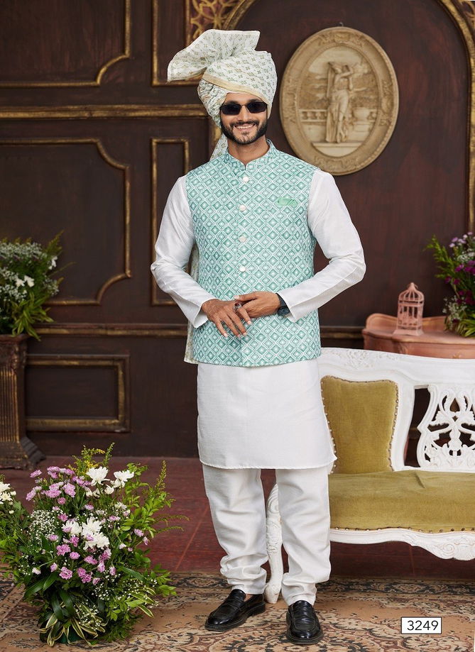 1643 Party Wear Art Banarasi Silk Mens Modi Jacket Kurta Pajama Wholesale Online