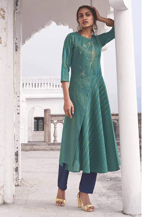 Teal Shringar Omtex Linen Cotton Designer Heavy Festive and party wear Embroidery Work Kurtis with Pant J73