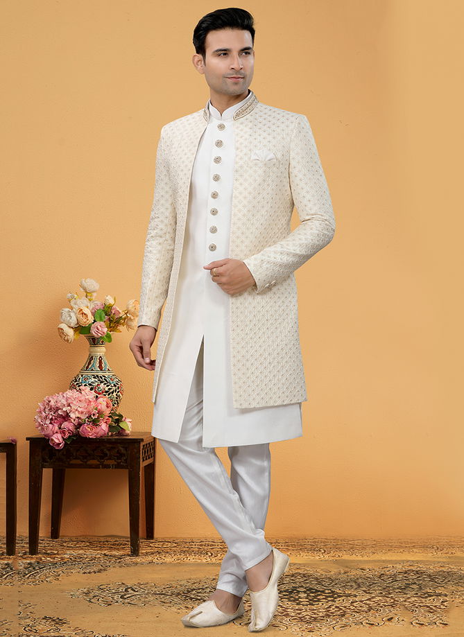 White Colour Outluk Vol 110 Wholesale Mens Indo western Catalog 110003