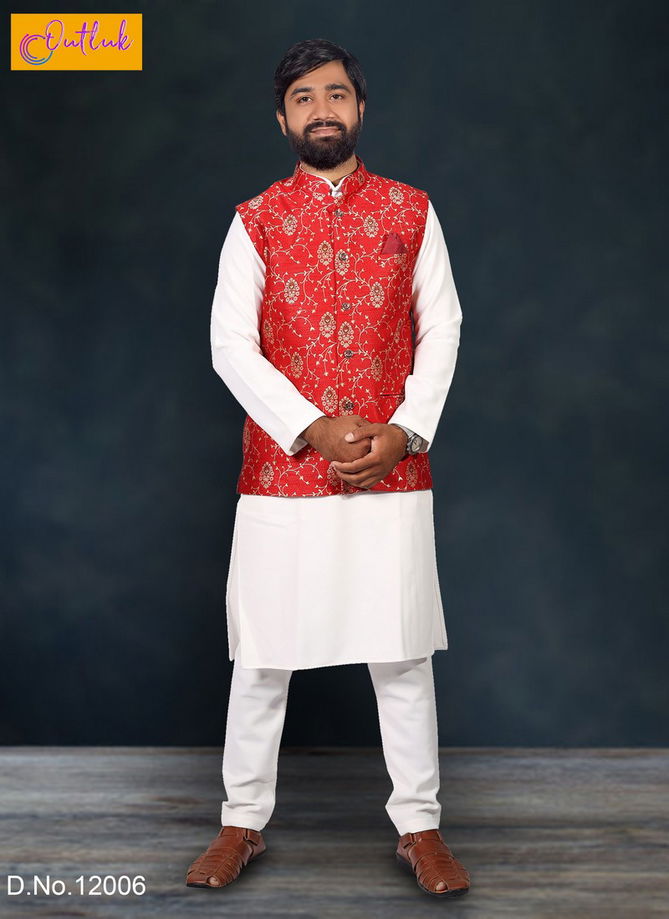 New Desgner Outluk Vol 12 Cotton Party Wear Kurta Pajama With Jute and Jacquard Printed Modi Jacket Collection