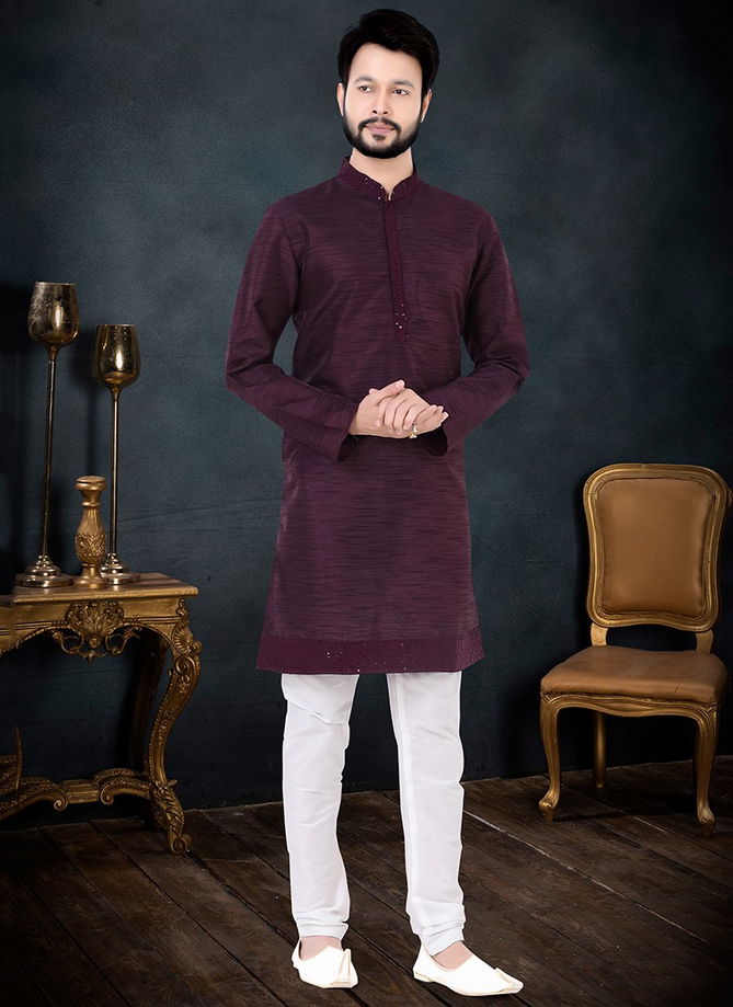 Wine And White Colour Party Wear Mens Wholesale Kurta Set 1717