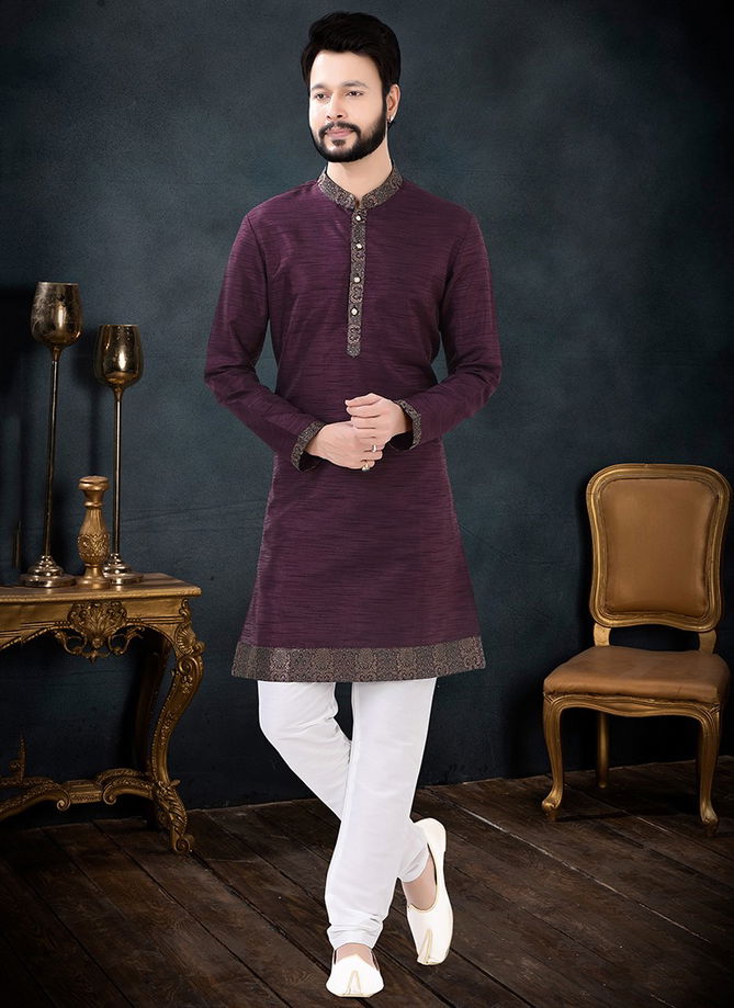 Wine And White Party Wear Mens Wholesale Kurta Set 1718