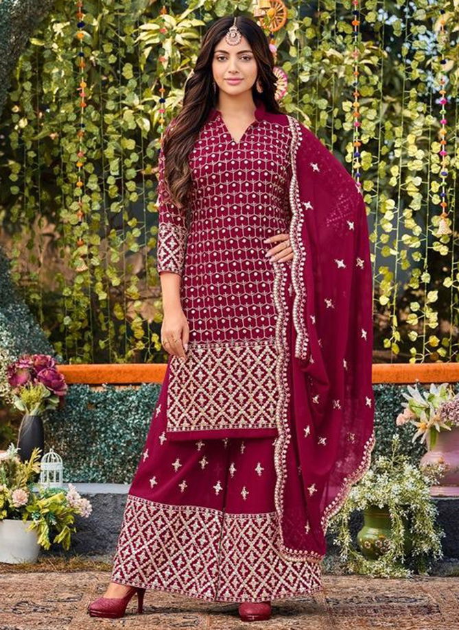 Wine Colour Celebration Mrudangi Wedding Wear Wholesale Plazzo Suits Catalog 2040