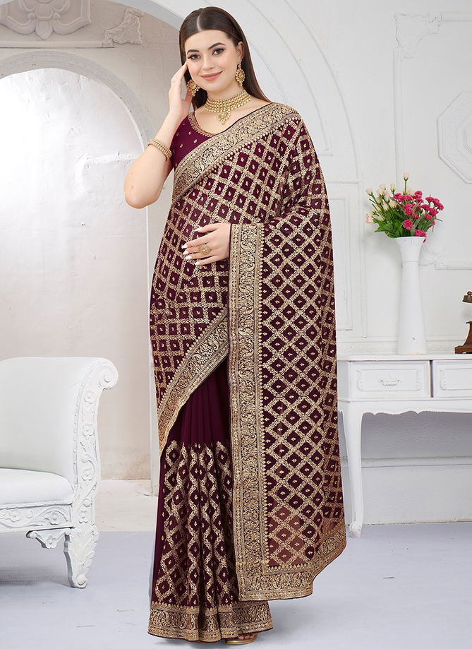 Wine Colour Versatile Wholesale Designer Georgette Saree Catalog 1536