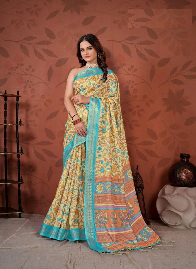 Yellow And Blue Colour Sarena By The Fabrica Cotton Saree Catalog 38008