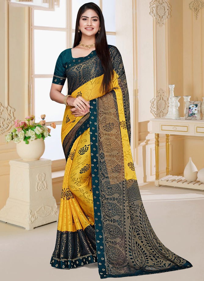 Yellow And Teal Blue Colour Roopvati Brasso Hits Printed Wholesalr Chiffon Sarees 27221