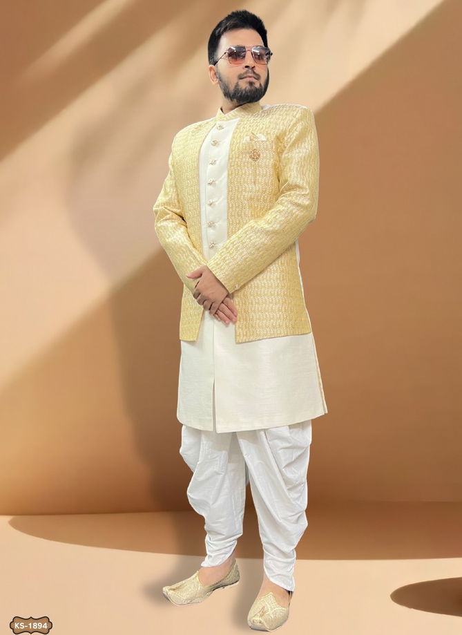 Yellow And White Colour Mens Wedding Wear Indo Western Catalog 1894