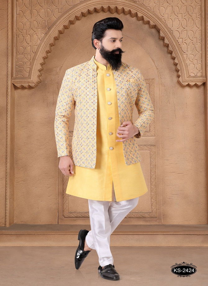 1632 Occasion Wear Mens Silk Designer Modi Jacket Kurta Pajama Orders In India