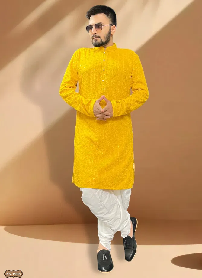 Yellow Colour Occasion Wear Mens Kurta Pajama Catalog 1908