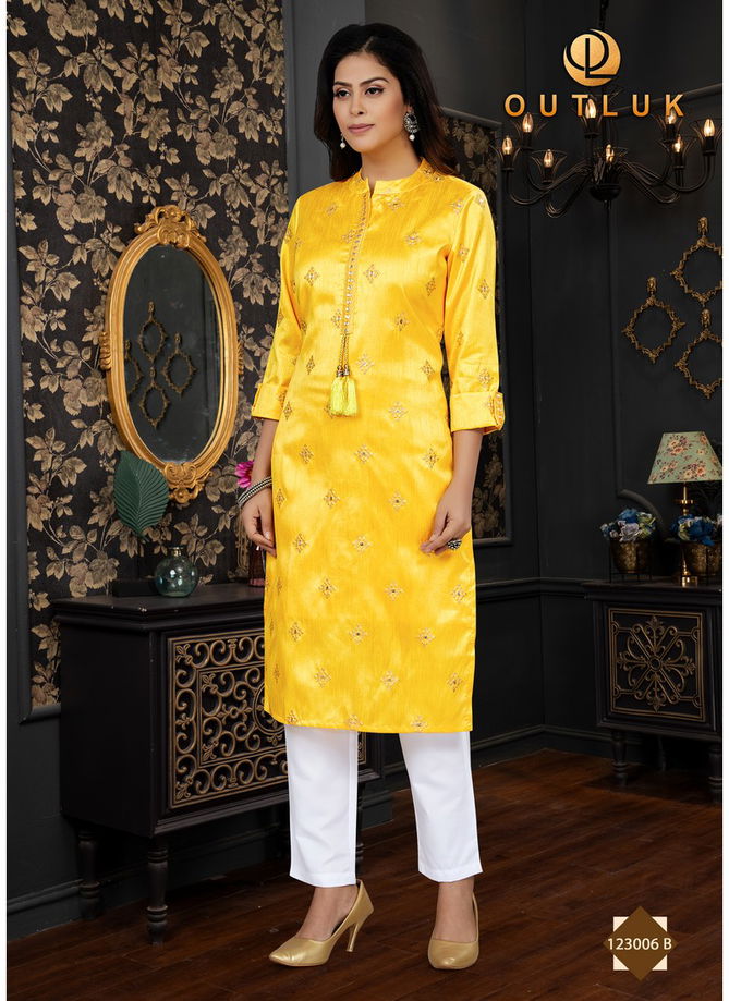 Yellow Colour Outluk Vol 123 B Ladies kurti With Bottom Catalog 123006 B